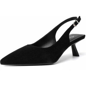 Women's Black Suede Pointed Toe Pumps Patent Leather Slingback Heels With Buckle
